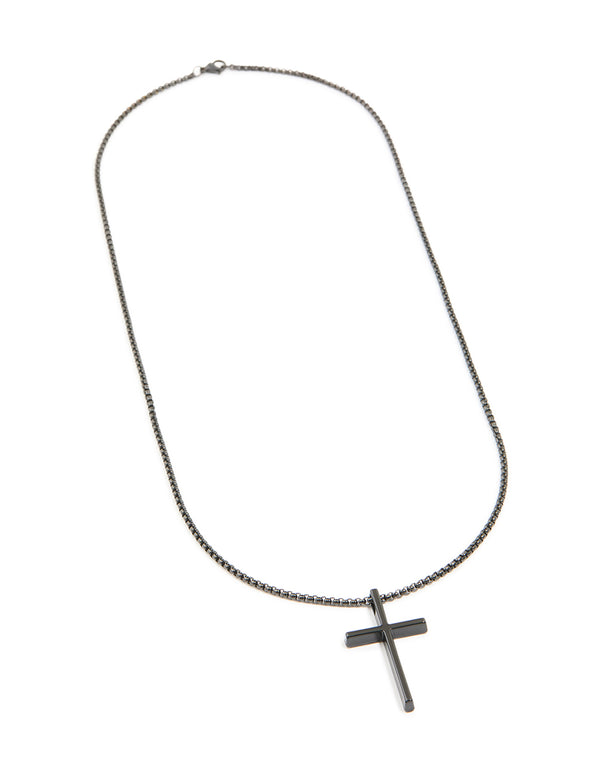 Mens Waterproof Black Coated Metal Stainless Steel Smooth Cross Pendant Necklace