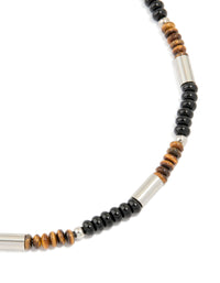 Mens Waterproof Stainless Steel Tigers Eye Semi Precious Stone & Black Beaded Necklace - link has visual effect only