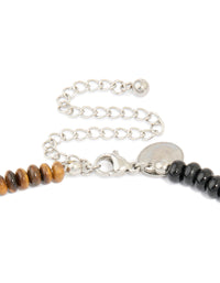 Mens Waterproof Stainless Steel Tigers Eye Semi Precious Stone & Black Beaded Necklace - link has visual effect only