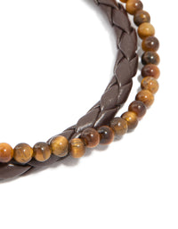 Mens Waterproof Stainless Steel Semi Precious Beaded & Braided Bracelet - link has visual effect only