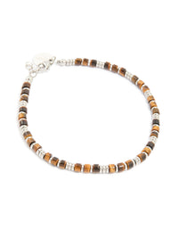 Mens Waterproof Stainless Steel Semi Precious Tiger's Eye Beaded Bracelet - link has visual effect only
