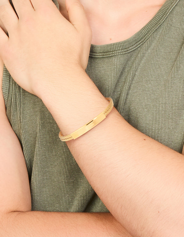 Mens Waterproof Gold Plated Stainless Steel Twin Wire Twist Wrist Cuff