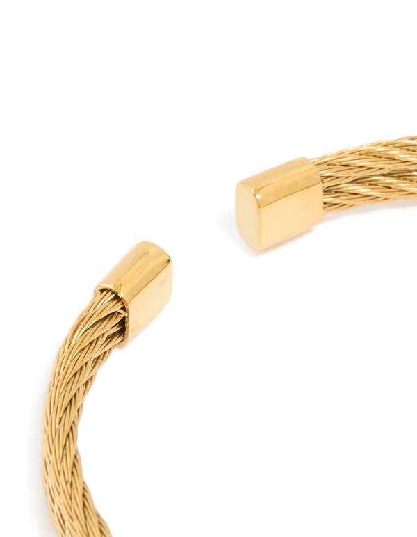 Mens Waterproof Gold Plated Stainless Steel Twin Wire Twist Wrist Cuff