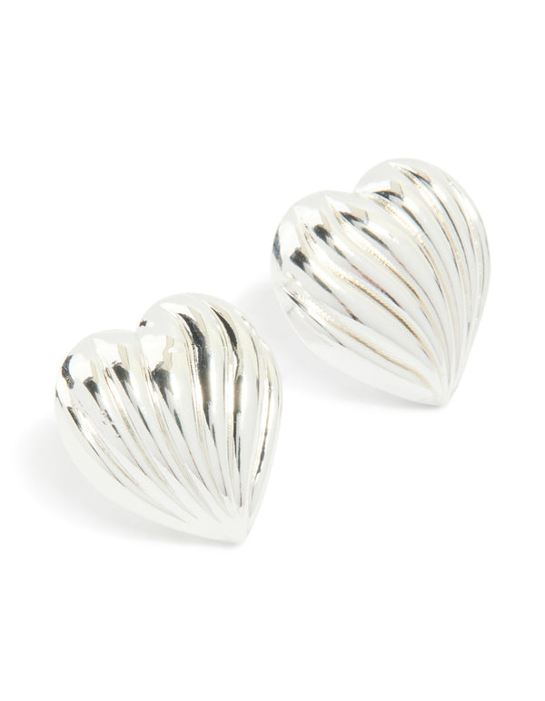 Silver Wavy Heart Stud Earrings