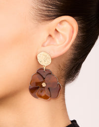 Gold Crinkled & Brown Flower Drop Earrings - link has visual effect only