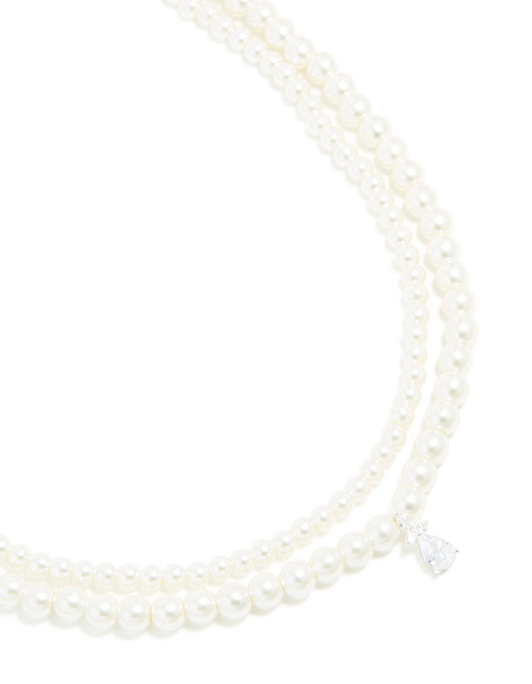 Silver Plated Cubic Zirconia & Pearl Layered Necklace