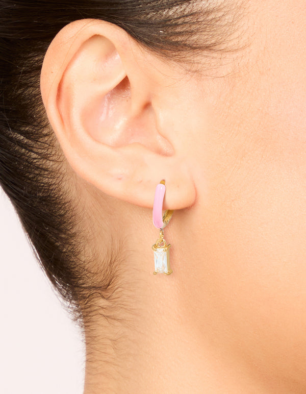 Waterproof Gold Plated Stainless Steel Pink Enamel Cubic Zirconia Charm Huggie Earrings
