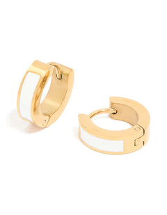 Crafted from waterproof gold plated stainless steel small white enamel inlay huggie earrings front view