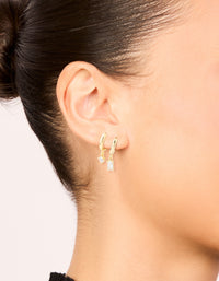 Gold Plated Brass Baguette Round Cubic Zirconia Huggie Earrings 2-Pack - link has visual effect only