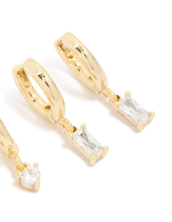 Gold Plated Brass Baguette Round Cubic Zirconia Huggie Earrings 2-Pack