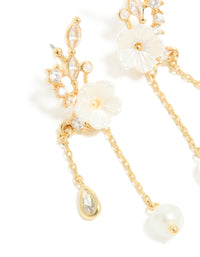Gold Plated Cubic Zirconia Flower & Leaf Pearl Chain Drop Earrings - link has visual effect only