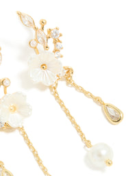 Gold Plated Cubic Zirconia Flower & Leaf Pearl Chain Drop Earrings - link has visual effect only
