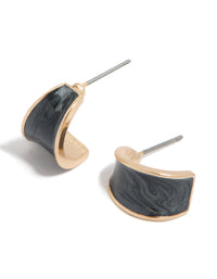 Gold Black Curved Shiny Open Hoop Earrings - link has visual effect only