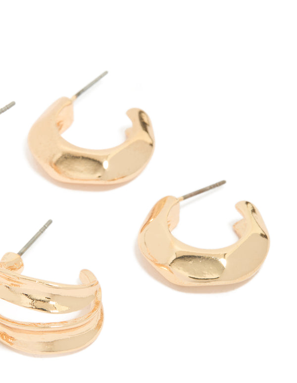 Crafted with dainty chunky textured huggie closure in gold, 3 pack earrings post detail view