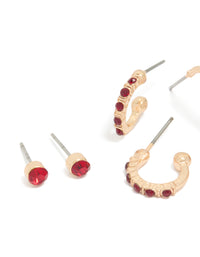 Crafted from gold red diamante stud and hoop earrings 3-pack showcasing intricate details close up view - link has visual effect only