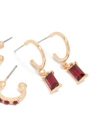Featuring gold red diamante stud and hoop earrings 3-pack with rectangular gemstone on hoops detail view - link has visual effect only