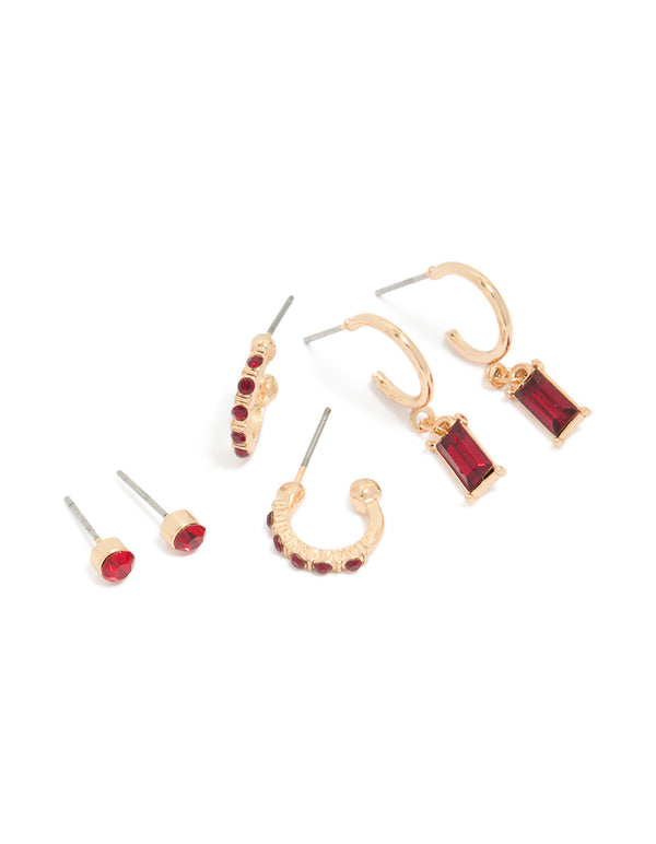 Discover this gold red diamante stud and hoop earrings 3-pack with mixed styles featuring closure options front view