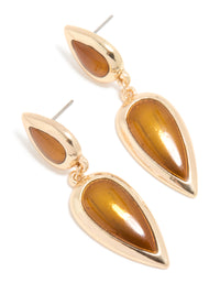 Gold Pointed Double Brown Pear Drop Earrings - link has visual effect only