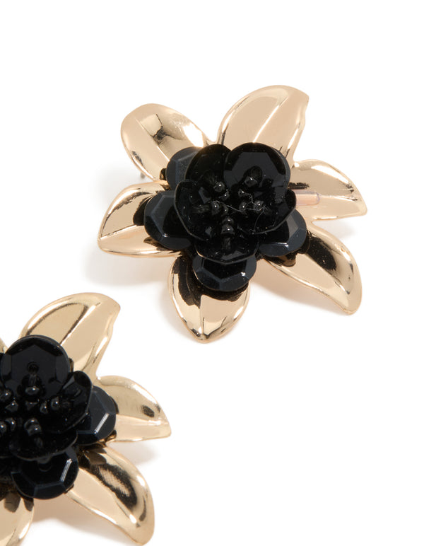 Gold Black Beaded Flower Stud Earrings