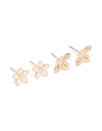Gold Flower & Bee Stud Earrings 2-Pack - link has visual effect only