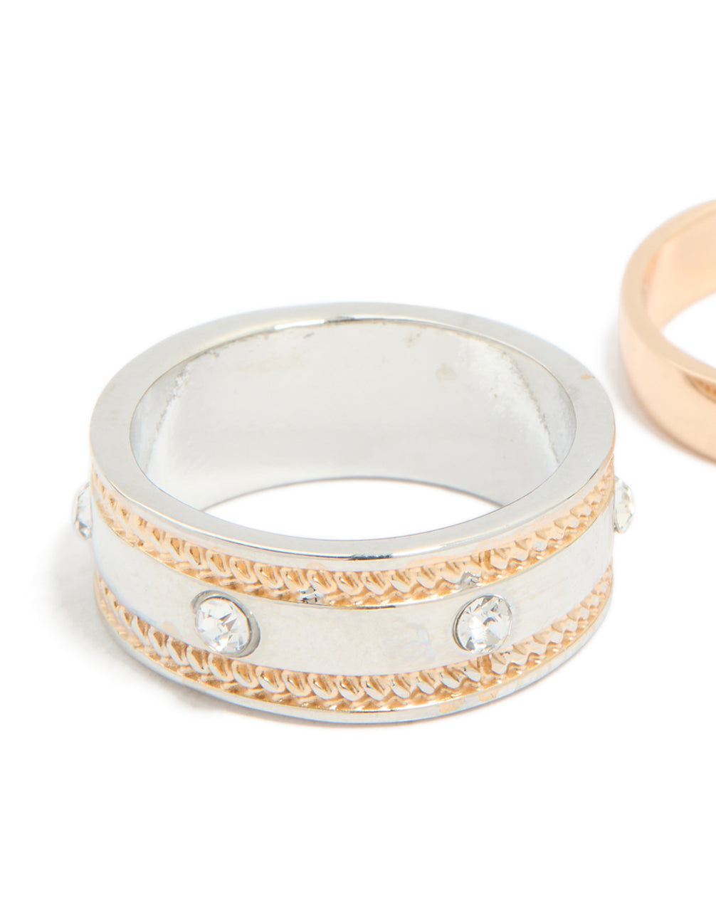 Mixed Metal Diamante Textured & Smooth Rings 2-Pack