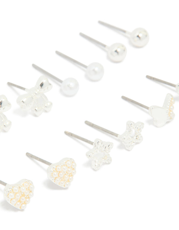 Silver Mini Pearl Stud Earrings 7-Pack