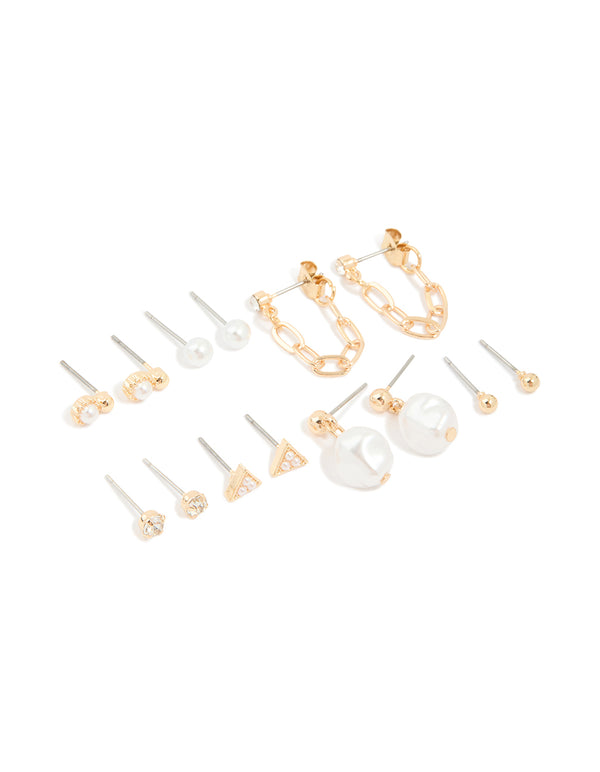 Gold Pearl Chain Drop & Stud Earrings 7-Pack