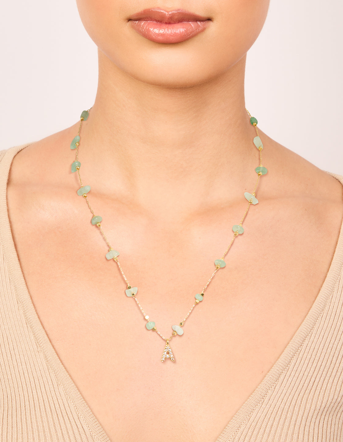 Gold Plated Green Aventurine Semi Precious Stone Cubic Zirconia Letter A Necklace