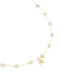 Gold Plated Green Aventurine Semi Precious Stone Cubic Zirconia Letter A Necklace - link has visual effect only