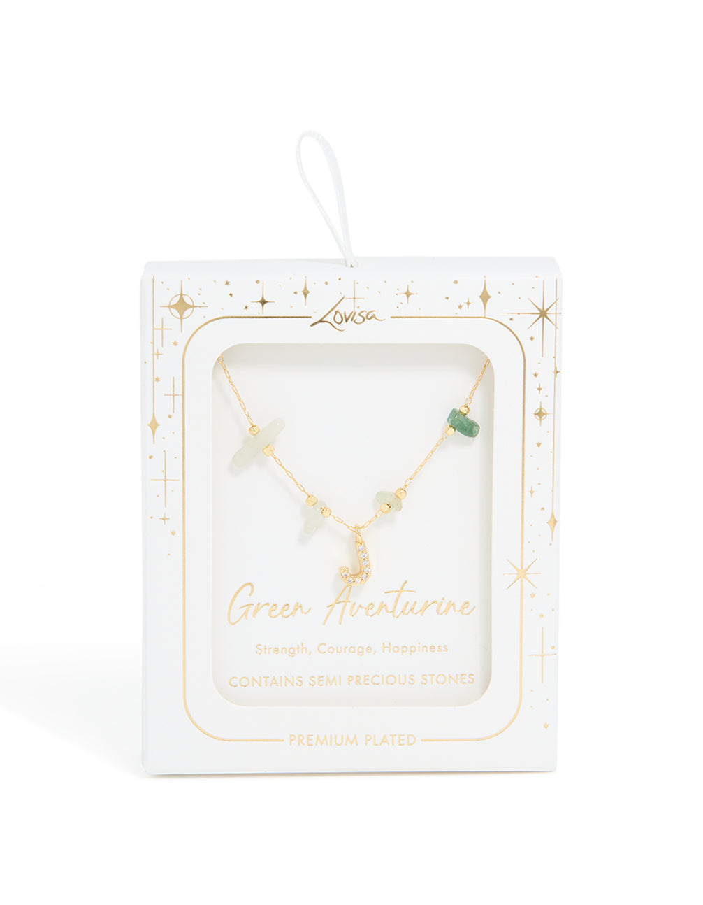 Gold Plated Green Aventurine Semi Precious Stone Cubic Zirconia Letter J Necklace