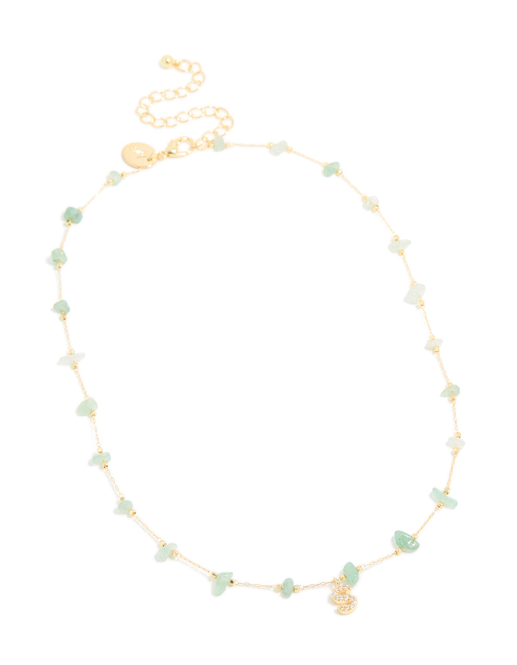 Gold Plated Green Aventurine Semi Precious Stone Cubic Zirconia Letter S Necklace