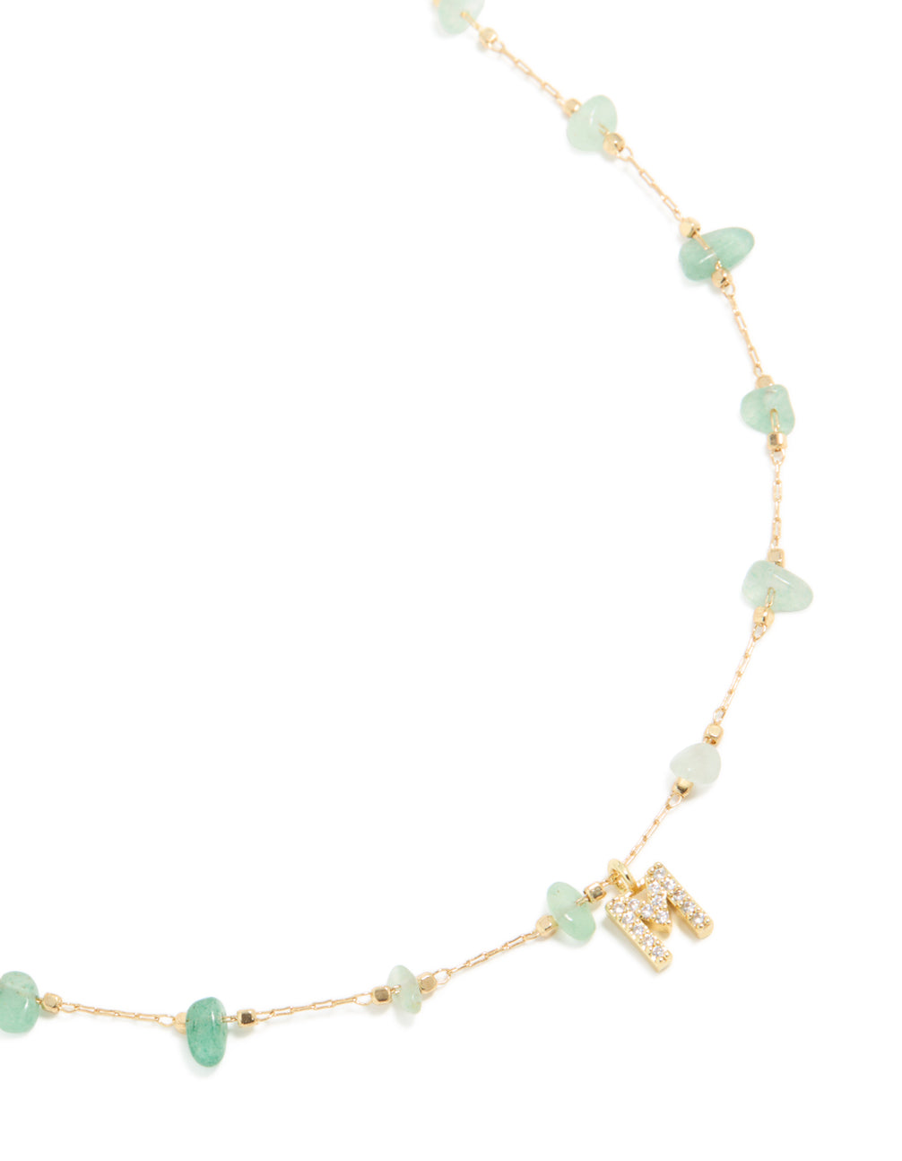 Gold Plated Green Aventurine Semi Precious Stone Cubic Zirconia Letter M Necklace