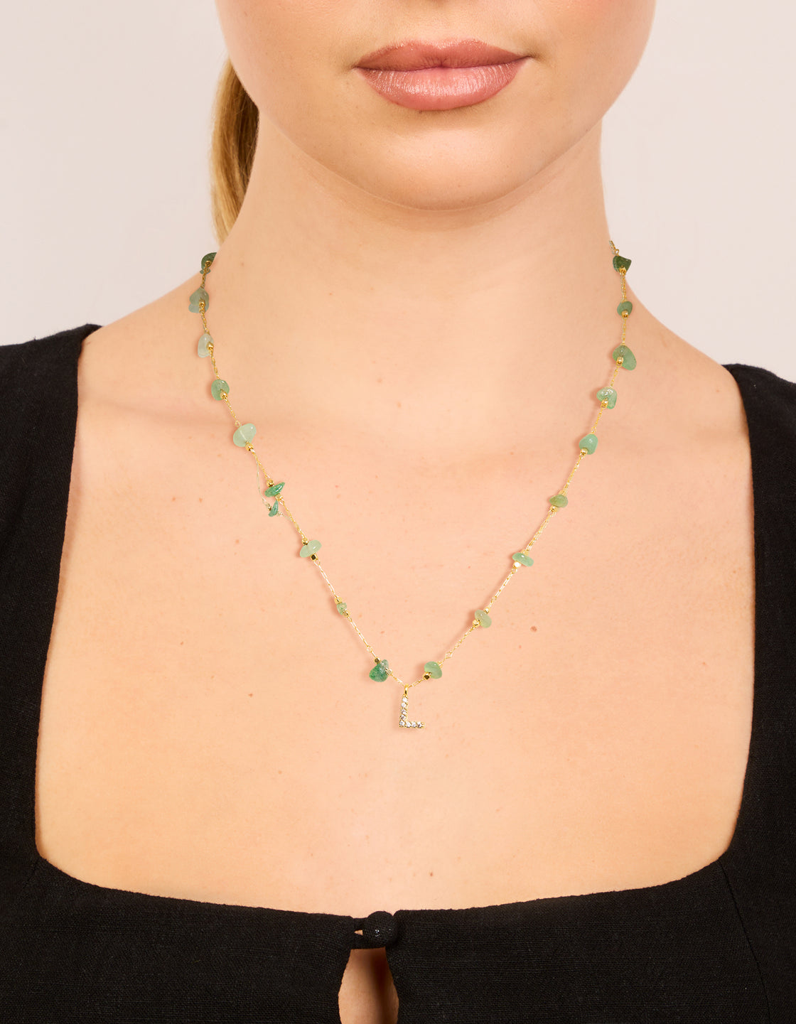 Gold Plated Green Aventurine Semi Precious Stone Cubic Zirconia Letter L Necklace