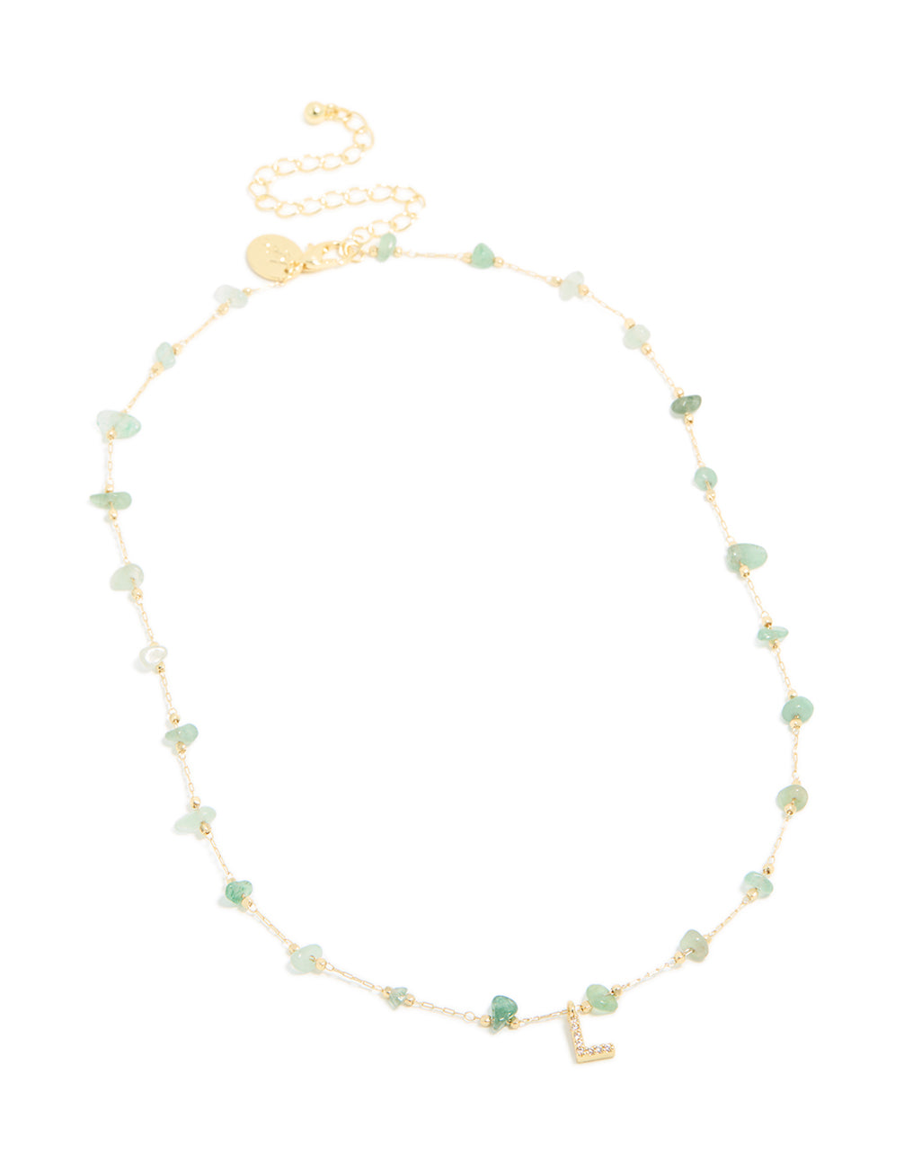 Gold Plated Green Aventurine Semi Precious Stone Cubic Zirconia Letter L Necklace