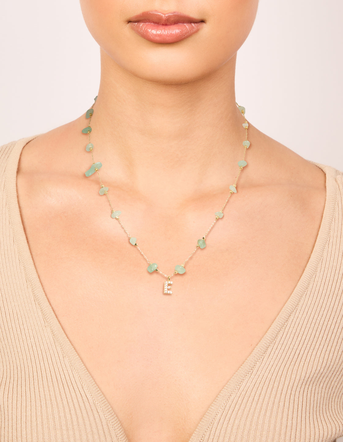 Gold Plated Green Aventurine Semi Precious Stone & Cubic Zirconia Letter E Necklace