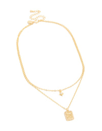 Featuring a gold plated cubic zirconia celestial and rectangle cluster layered necklace front view - link has visual effect only