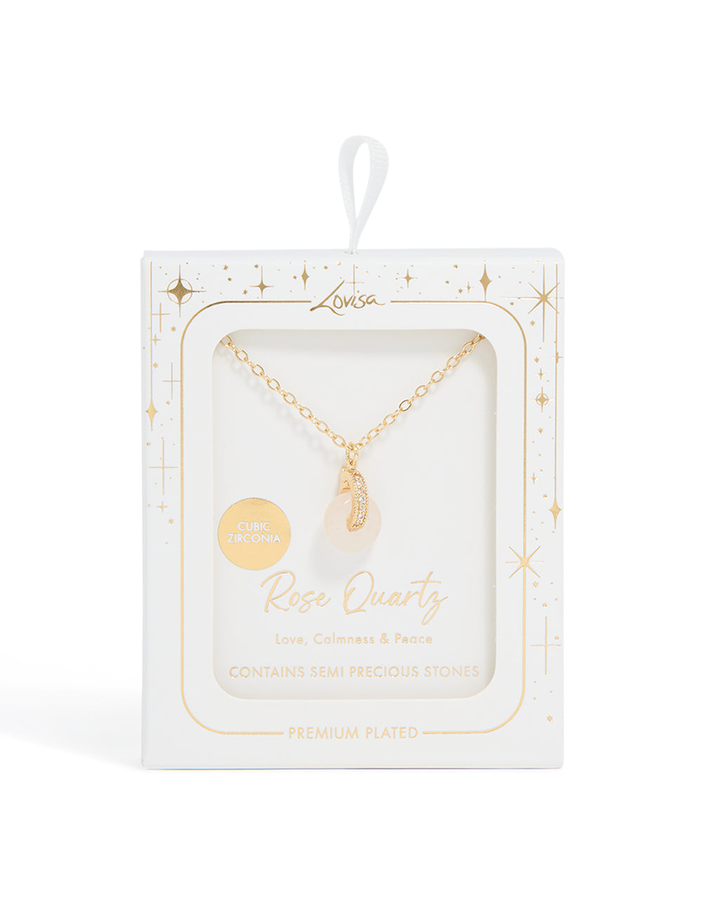 Gold Plated Rose Quartz Semi-Precious Stone Cubic Zirconia Doughnut Necklace
