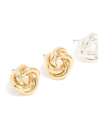 Mixed Metal Plated Knot Stud Earrings 2 Pack - link has visual effect only