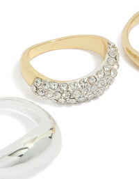 Mixed Metal Plated Diamante & Chunky Wave Diamante Rings 3-Pack - link has visual effect only