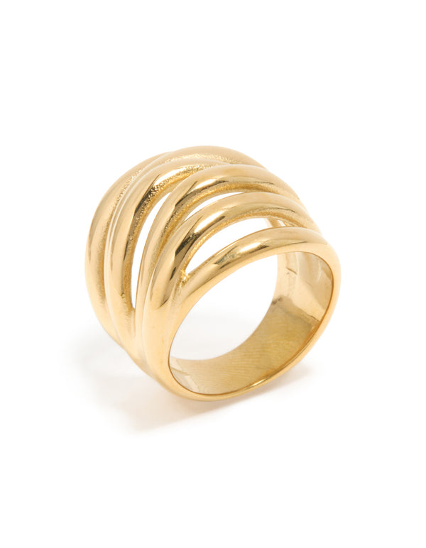 Crafted from waterproof gold plated stainless steel bold stacked line ring in chunky style side detail view