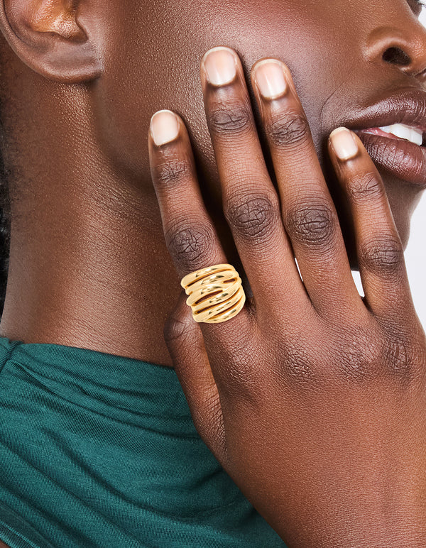 Featuring a waterproof gold plated stainless steel bold stacked line ring in chunky style on finger view