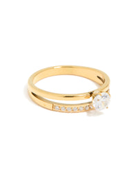 Waterproof Gold Plated Stainless Steel Dainty Cubic Zirconia Double Layered Ring - link has visual effect only