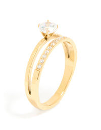 Waterproof Gold Plated Stainless Steel Dainty Cubic Zirconia Double Layered Ring - link has visual effect only