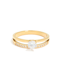 Waterproof Gold Plated Stainless Steel Dainty Cubic Zirconia Double Layered Ring - link has visual effect only