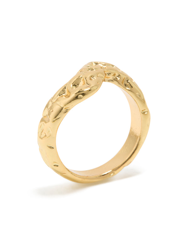 Designed with waterproof gold plated stainless steel, this molten curved front ring in chunky style side detail view