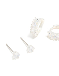Silver Cubic Zirconia Huggie & Stud Earrings 3-Pack - link has visual effect only