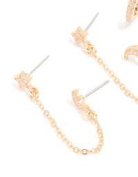 Gold Cubic Zirconia Celestial Chain Double & Huggie Earrings Pack - link has visual effect only