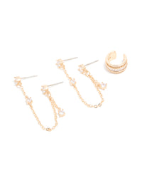 Gold Cubic Zirconia Double Chain Earrings & Ear Cuff 3-Pack - link has visual effect only