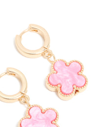 Gold Pink Flower Drop Huggie Earrings - link has visual effect only