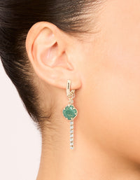 Gold Green Stone & Diamante Drop Chain Huggie Earrings - link has visual effect only
